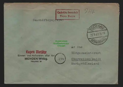 B10454 Brief BAZ Gebühr bezahlt 1945 Taxe percue Todtnau Schwarzwald Mengen Ober