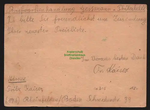 B10313 BAZ Notganzsache 1946 Rheinfelden nach Berlin 65