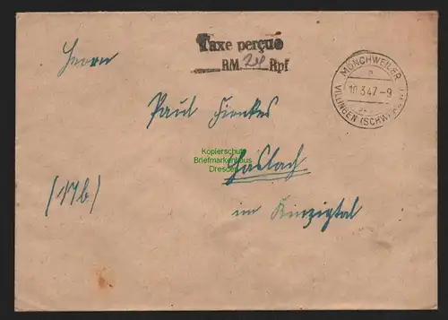 B10441 Brief BAZ Gebühr bezahlt 1947 Mönchweiler bei Villingen Schwarzwald