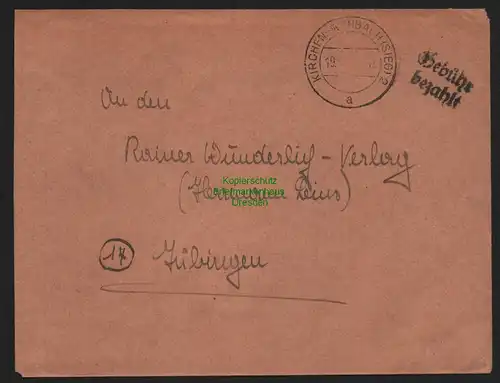 B10408 Brief BAZ Gebühr bezahlt 1946 Kirchen-Wehbach Sieg nach Tübingen