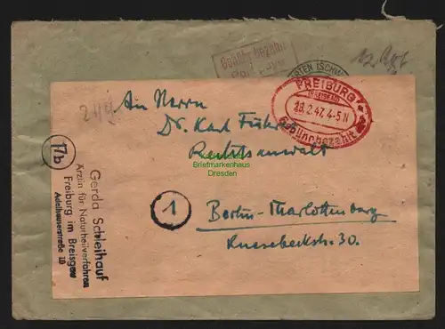 B10324 Brief BAZ Gebühr bezahlt 1947 Freiburg im Breisgau Berlin Charlottenburg