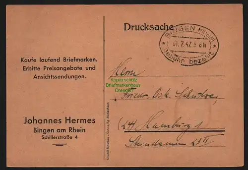 B10325 Postkarte BAZ Gebühr bezahlt 1947 Bingen Rhein nach Hamburg