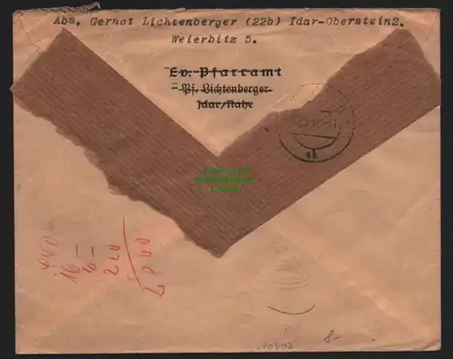 B10407 Brief BAZ Gebühr bezahlt 1947 Idar-Oberstein Marken Schneider Reutlingen