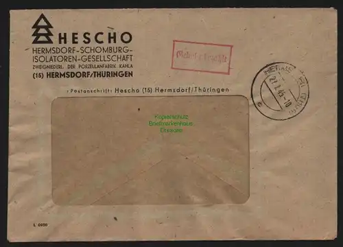 B11259 Brief Hermsdorf Thür. Gebühr bezahlt 1945 HESCHO Isolatoren Gesellschaft