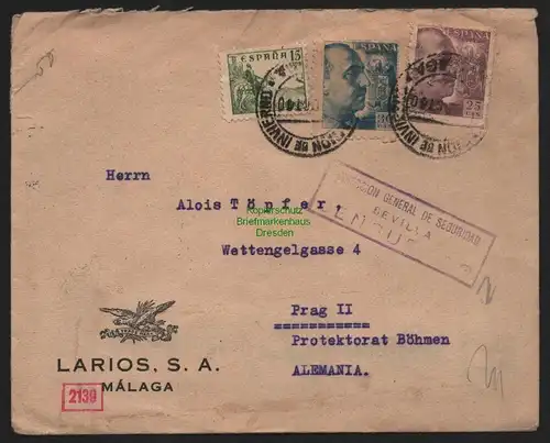 B11333 Brief Malaga Spanien 1940 allgemeine Zensur Sevilla Doppelzensur OKW