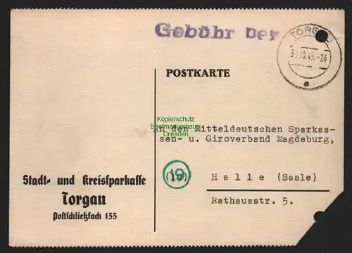 B11378 Postkarte Gebühr bezahlt Torgau 1945 Stadt- und Kreissparkasse