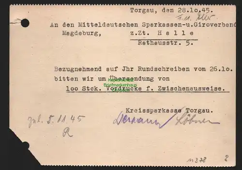 B11378 Postkarte Gebühr bezahlt Torgau 1945 Stadt- und Kreissparkasse