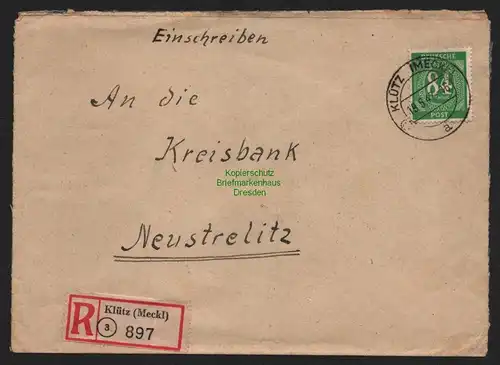 B11420 Brief SBZ Alliierte Besetzung Einschreiben Klütz Meckl. 1947 an Kreisbank