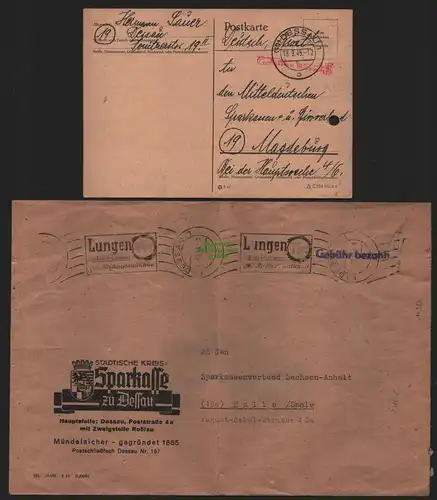 B11384 Postkarte / Brief Gebühr bezahlt Dessau 1945 1948 Sparkasse