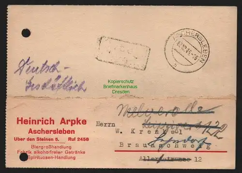 B11293 Postkarte Aschersleben 1945 Gebühr bezahlt Biergroßhandlung Braunschweig