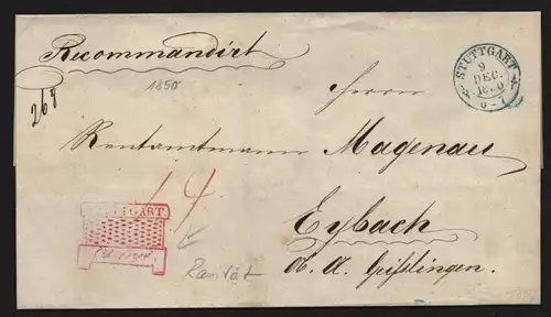 B11778 Brief Württemberg Kaminstempel Charge rot Rarität Stuttgart 1850 Eybach