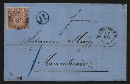 B11724 Brief Baden 11a Herbolzheim 69 Kenzingen 1862 nach Mannheim Uhrradstempel