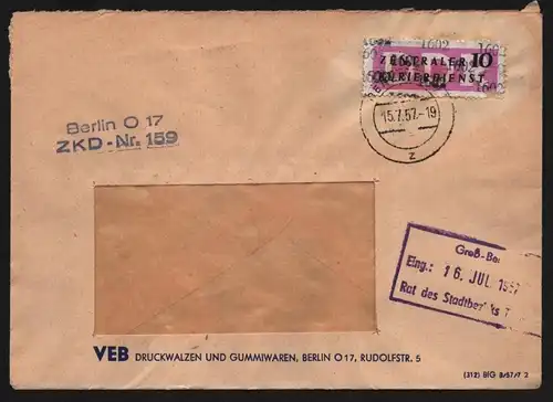 B13395 DDR Dienst ZKD 14 1602 Brief 1957 BerlinVEB Druckwalzen und Gummiwaren