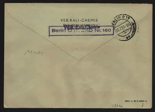 B13440 DDR ZKD 14 1605 Brief 1957 Berlin VEB Kali Chemie Niederschöneweide