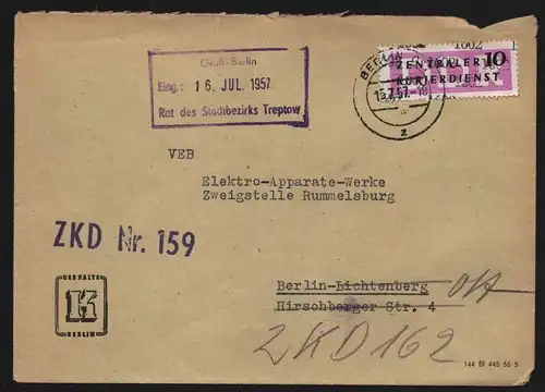 B13397 DDR Dienst ZKD 14 1602 Brief 1957 VEB Kälte Berlin Schiffs- und Industrie