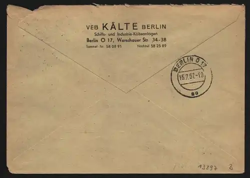 B13397 DDR Dienst ZKD 14 1602 Brief 1957 VEB Kälte Berlin Schiffs- und Industrie