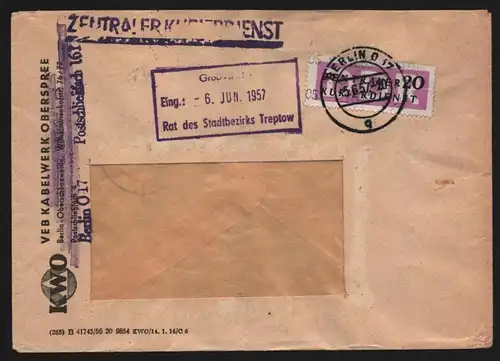 B13418 DDR Dienst ZKD 15 1605 Brief 1957 Berlin KWO VEB Kabelwerk Oberspree