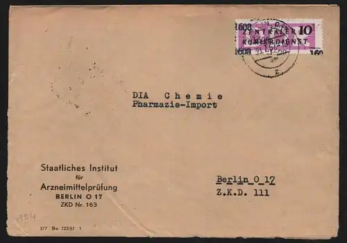 B13454 DDR ZKD 14 1608 Brief 1957 Berlin Institut für Arzneimittelprüfung Nr 163