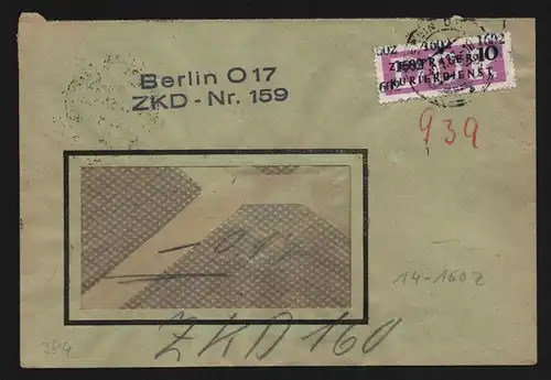 B13389 DDR Dienst ZKD 14 1602 Brief 1957 Berlin O17 ZKD Nr. 159 an ZKD 160
