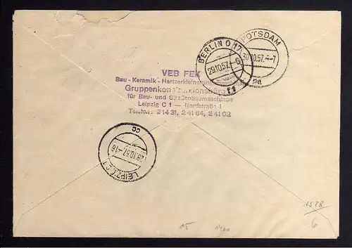 B1528 DDR ZKD 15 Kontrollzahl 1400 Brief Leipzig geprüft BPP VEB FEK Baumaschine