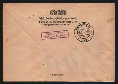 B13412 DDR Dienst ZKD 14 1602 Brief 1957 Berlin RFT VEB Berliner Glühlampen Werk