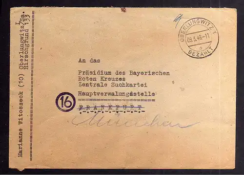B2032 Brief SBZ Gebühr bezahlt 1946 Oberlungwitz Bayr. Rotes Kreuz Suchkartei