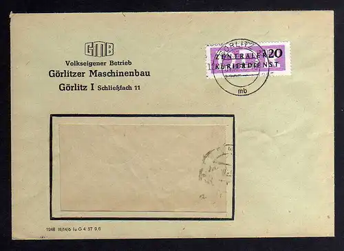 B1677 DDR ZKD 15 Kontrollnummer 1305 Görlitz Brief VEB GMB Görlitzer Maschinenba