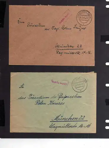 B2002 2x Brief SBZ Gebühr bezahlt 1946 Bürgel Bayr. Rotes Kreuz Suchkartei Münch