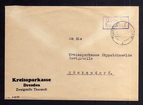 B1973 Brief SBZ Gebühr bezahlt 1948 Währungsreform Tharandt Bz. Dresden Kreisspa