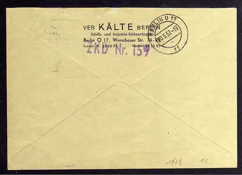 B1609 DDR Aufdruck Kontrollzahlen 1602 Berlin ZKD 14 Brief VEB Kälte Berlin VEB