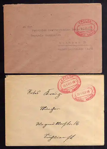 B1991 2x Brief SBZ Gebühr bezahlt 1946 Apolda an Bayr. Rotes Kreuz Suchkartei