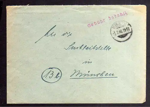 B2103 Brief SBZ Gebühr bezahlt 1946 Mieste Bayr. Rotes Kreuz Suchkartei München
