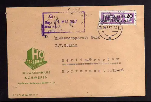 B2435 Brief DDR ZKD 11 2000 1957 HO Warenhaus Schwerin nach Berlin O 17 VEB
