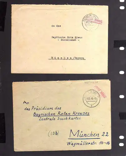 B2130 2x Brief SBZ Gebühr bezahlt 1946 Ostheim Rhön Bayr. Rotes Kreuz Suchkartei