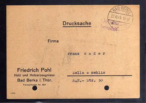 B224 SBZ Gebühr bezahlt 1945 Bad Berka Drucksache Holz und Holzerzeugnisse Fried