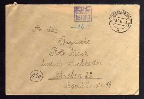 B2026 Brief SBZ Gebühr bezahlt 1946 Mauersberg Erzgeb. Bayr. Rotes Kreuz München