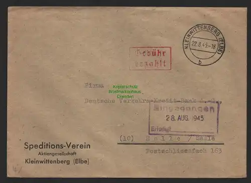 B9873 Brief SBZ Gebühr bezahlt 1945 Kleinwittenberg Elbe an Kredit Bank Halle