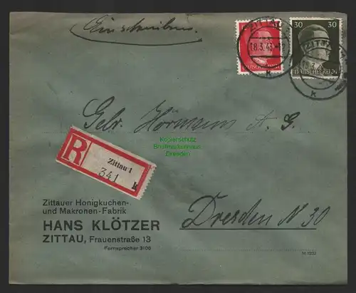 B9829 R-Brief Gebr. Hörmann A.-G. Zittau 1 341 Hans Klötzer 1943 Zittauer Honigk