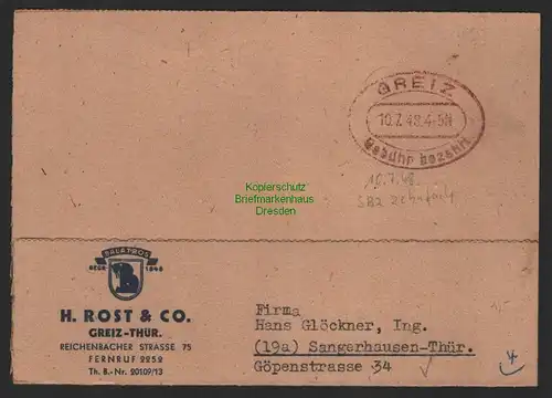 B9908 Postkarte SBZ Gebühr bezahlt 1948 Greiz nach Sangerhausen