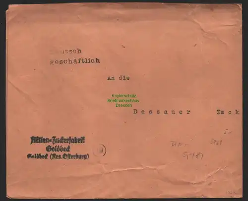 B9859 Briefvorderseite SBZ Gebühr bezahlt 1945 Goldbeck Osterburg Zuckerfabrik
