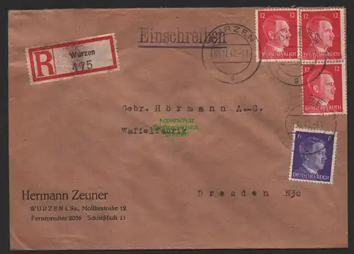 B9819 R-Brief Gebr. Hörmann A.-G. Wurzen 475  Hermann Zeuner  1942