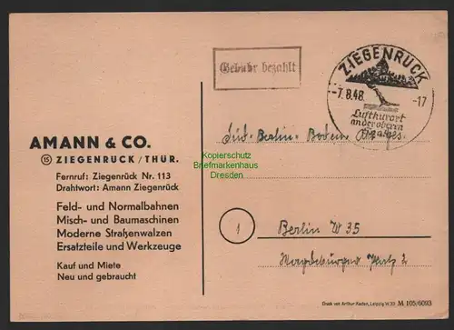 B9922 Postkarte SBZ Gebühr bezahlt 1948 Währungsreform Amann & Co. Ziegenrück