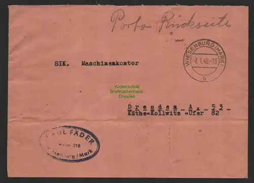 B9994 Brief SBZ Gebühr Währungsreform 1948 Zehnfach Wiesenburg Mark nach Dresden