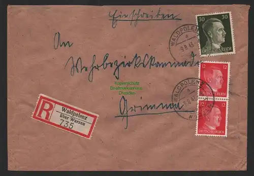 B9784 R-Brief Waldpolenz über Wurzen K. Schurig 1943 Wehrbezirkskommando Grimma
