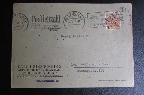 Brief Bezirkshandstempel Bezirk 27 Leipzig 2 03.7.48 Kartoffelkäfer Stempel Fink