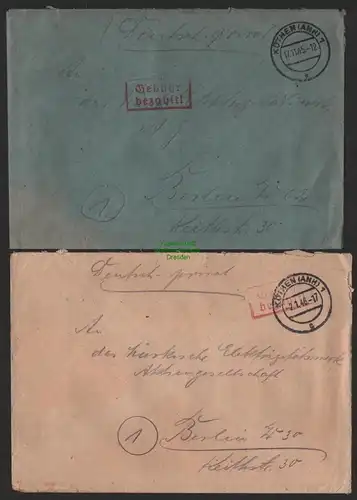 B9950 2x Brief SBZ Gebühr bezahlt 1945 Köthen Anhalt 1946