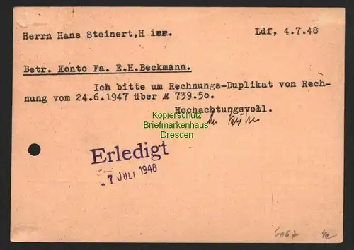 h6067 SBZ Handstempel Bezirk 41 Leubsdorf 5.7.48 Postkarte