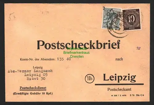 h5999 SBZ Handstempel Bezirk 27 Leipzig Postscheckbrief 10.7.48 an PSchA Leipzig
