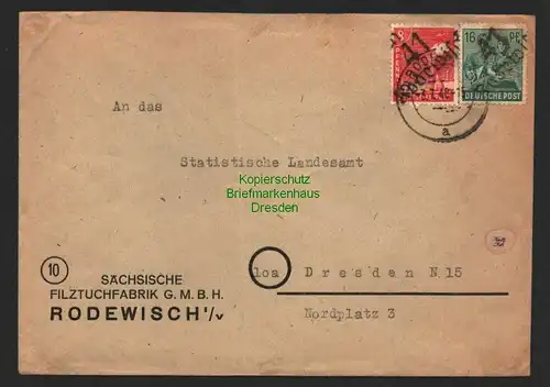 h6076 SBZ Handstempel Bezirk 41 Rodewisch 3.7.48 Brief Statistisches Landesamt