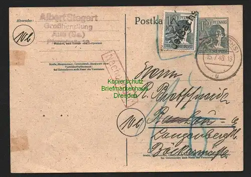 h5937 SBZ Handstempel Bezirk 27 Aue Sachs Postkarte 12 Pfg. 15.7.48 Nachgebühr